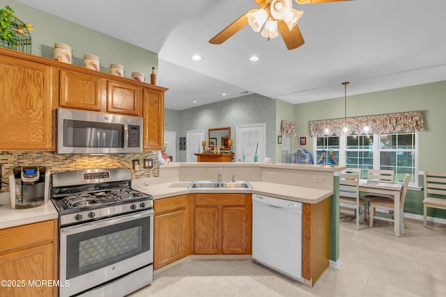 11 High Hill Ct, Manchester, NJ 08759 - kitchen featuring stainless steel appliances, a peninsula, ceiling fan, light countertops, and recessed lighting