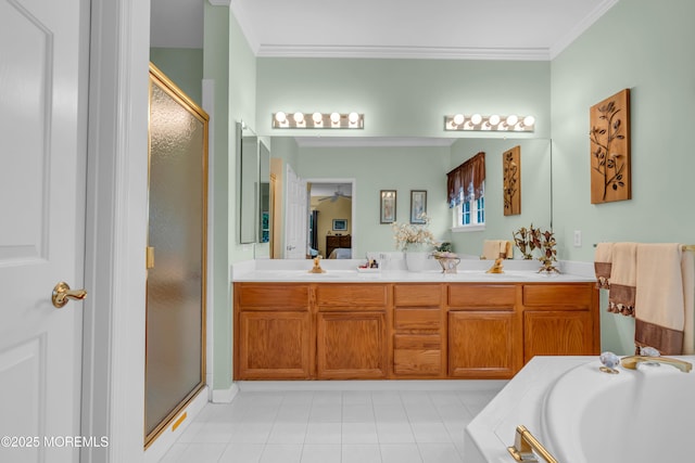 11 High Hill Ct, Manchester, NJ 08759 - bathroom with a stall shower, crown molding, a tub to relax in, connected bathroom, and double vanity