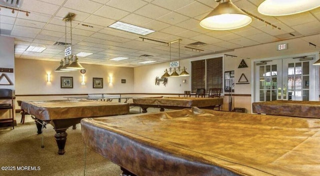 11 High Hill Ct, Manchester, NJ 08759 - rec room with billiards table, carpet floors, a paneled ceiling, and french doors
