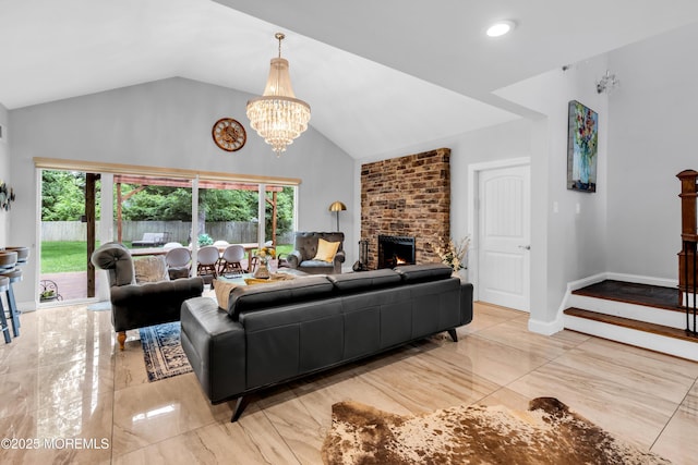 1159 County Line Rd E, Lakewood, NJ 08701 - living room with a chandelier, plenty of natural light, high vaulted ceiling, a fireplace, and marble finish floors