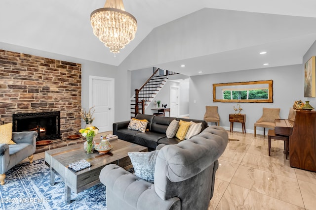 1159 County Line Rd E, Lakewood, NJ 08701 - living area with stairs, vaulted ceiling, a chandelier, a brick fireplace, and light marble finish floors