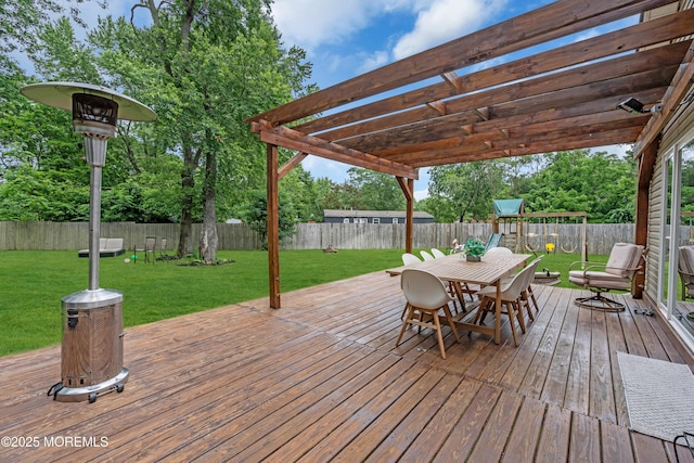 1159 County Line Rd E, Lakewood, NJ 08701 - wooden deck with a fenced backyard, a playground, outdoor dining space, and a pergola