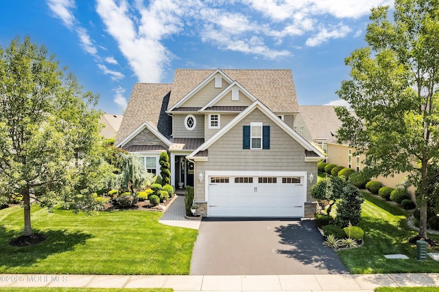 19 E Francesa Ct, Farmingdale, NJ 07727 - craftsman-style house with asphalt driveway, roof with shingles, a front yard, stone siding, and an attached garage