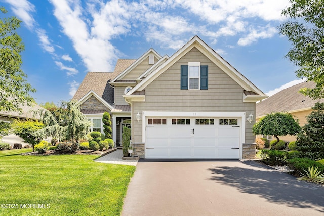 19 E Francesa Ct, Farmingdale, NJ 07727 - craftsman house featuring stone siding, asphalt driveway, a front lawn, and an attached garage