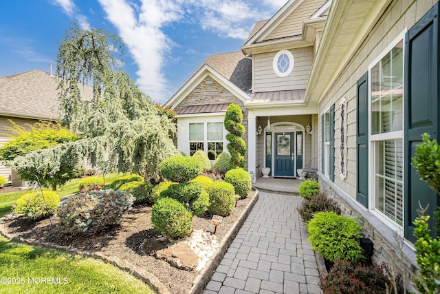 19 E Francesa Ct, Farmingdale, NJ 07727 - entrance to property featuring a standing seam roof, roof with shingles, and a metal roof