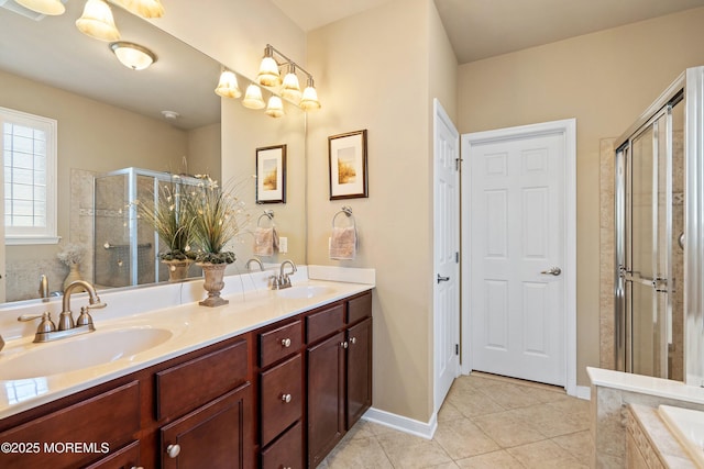 19 E Francesa Ct, Farmingdale, NJ 07727 - bathroom with tile patterned floors, double vanity, a stall shower, and a relaxing tiled tub