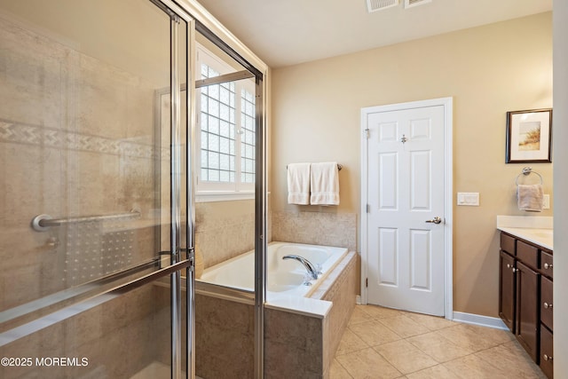 19 E Francesa Ct, Farmingdale, NJ 07727 - bathroom featuring vanity, a bath, tile patterned floors, and a stall shower