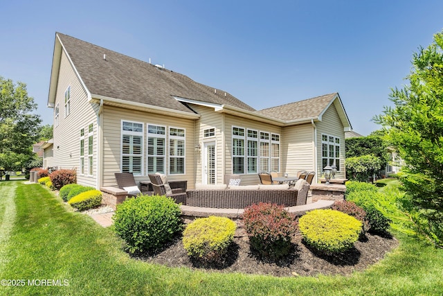 19 E Francesa Ct, Farmingdale, NJ 07727 - rear view of house with an outdoor living space, roof with shingles, a lawn, and a patio area