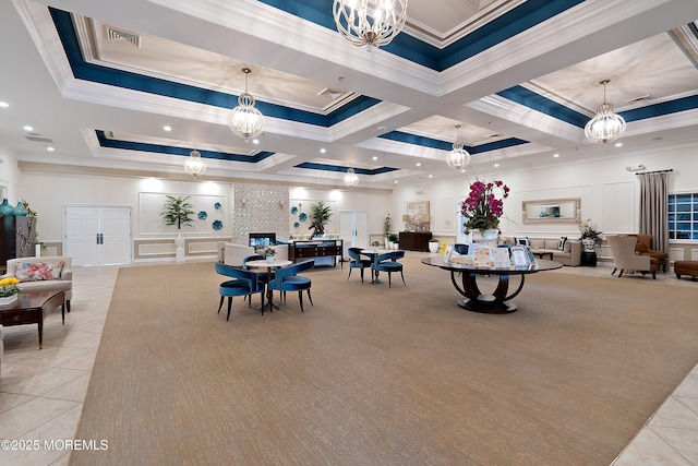 19 E Francesa Ct, Farmingdale, NJ 07727 - dining area with a decorative wall, tile patterned flooring, ornamental molding, a chandelier, and recessed lighting