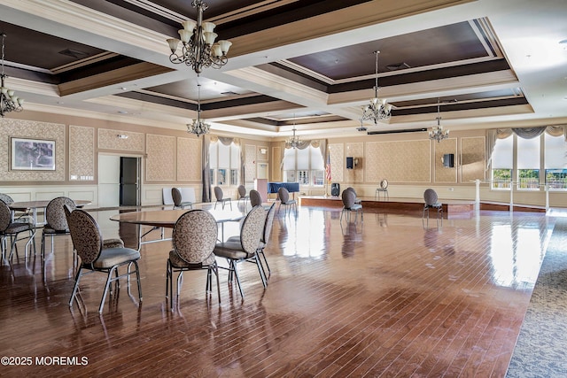 19 E Francesa Ct, Farmingdale, NJ 07727 - dining room with a chandelier, wallpapered walls, crown molding, hardwood / wood-style floors, and a wainscoted wall