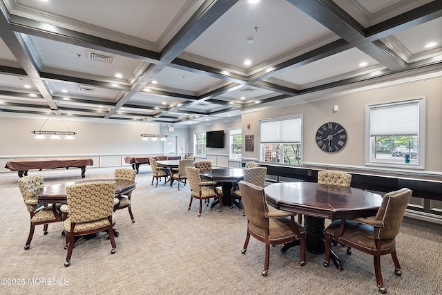 19 E Francesa Ct, Farmingdale, NJ 07727 - dining room featuring light colored carpet, beamed ceiling, ornamental molding, coffered ceiling, and billiards table