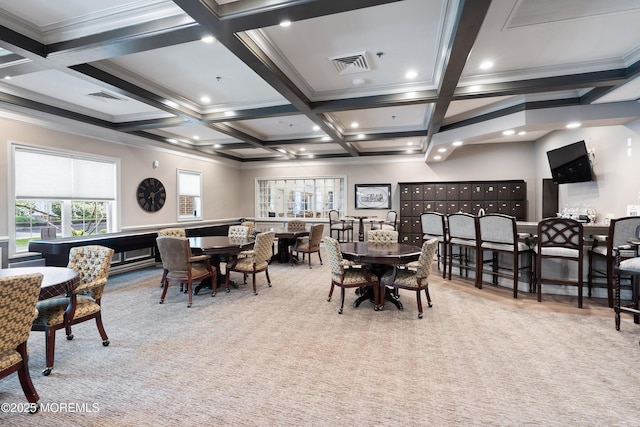 19 E Francesa Ct, Farmingdale, NJ 07727 - dining space with crown molding, coffered ceiling, beam ceiling, carpet floors, and recessed lighting