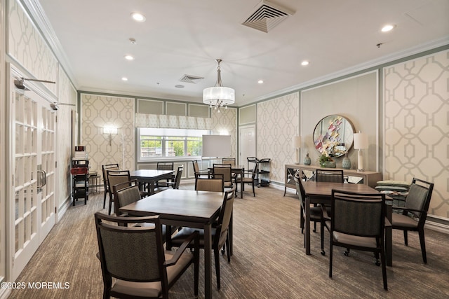19 E Francesa Ct, Farmingdale, NJ 07727 - dining room with ornamental molding, wallpapered walls, recessed lighting, a chandelier, and french doors