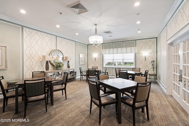 19 E Francesa Ct, Farmingdale, NJ 07727 - carpeted dining area with ornamental molding, wallpapered walls, and recessed lighting