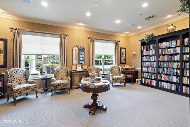 19 E Francesa Ct, Farmingdale, NJ 07727 - sitting room with carpet, ornamental molding, recessed lighting, and wallpapered walls