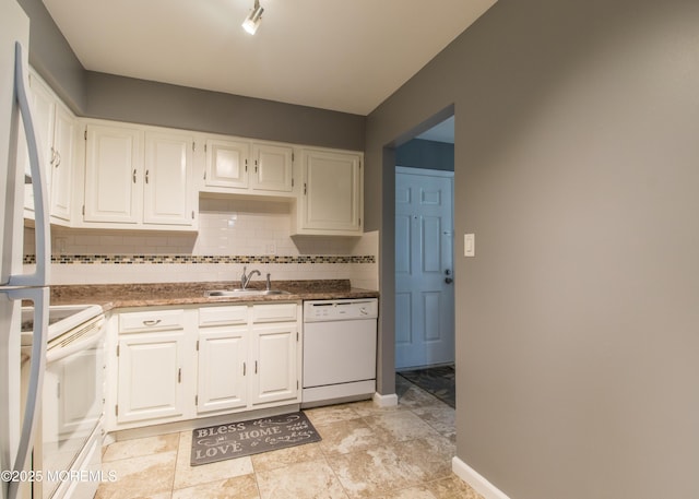 304 Wellington Pl, Aberdeen, NJ 07747 - kitchen featuring white appliances, decorative backsplash, and white cabinetry