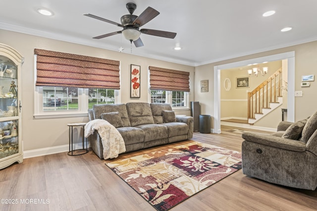 6 Convent Ct, Hazlet, NJ 07730 - living room featuring stairs, ornamental molding, wood finished floors, a chandelier, and recessed lighting