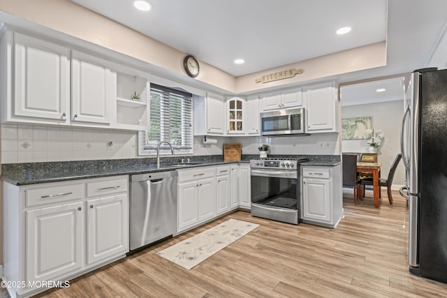 6 Convent Ct, Hazlet, NJ 07730 - kitchen with appliances with stainless steel finishes, white cabinets, backsplash, light wood-style floors, and recessed lighting