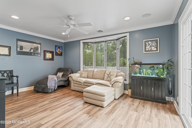 6 Convent Ct, Hazlet, NJ 07730 - living room with ornamental molding, wood finished floors, ceiling fan, and recessed lighting