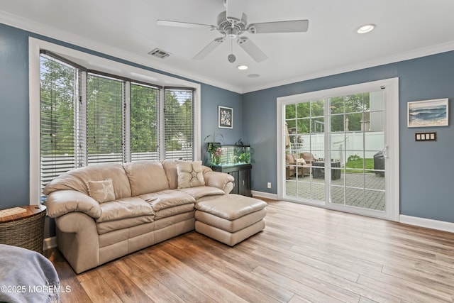 6 Convent Ct, Hazlet, NJ 07730 - living area with ornamental molding, a ceiling fan, plenty of natural light, light wood-style flooring, and recessed lighting