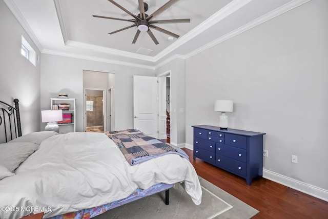 86 Legacy Ct, Freehold, NJ 07728 - bedroom featuring dark wood finished floors, a raised ceiling, ensuite bathroom, crown molding, and ceiling fan