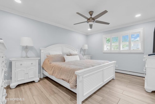18 Pinewood Dr, Brick, NJ 08724 - bedroom featuring baseboard heating, recessed lighting, crown molding, light wood-style flooring, and a ceiling fan