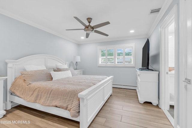 18 Pinewood Dr, Brick, NJ 08724 - bedroom with a baseboard radiator, light wood-type flooring, crown molding, recessed lighting, and ceiling fan