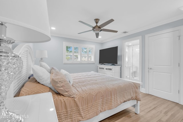 18 Pinewood Dr, Brick, NJ 08724 - bedroom with crown molding, recessed lighting, light wood-style floors, ceiling fan, and ensuite bath