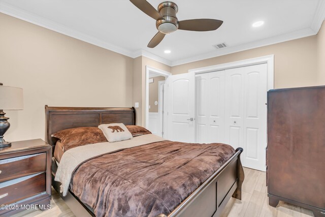 18 Pinewood Dr, Brick, NJ 08724 - bedroom featuring ornamental molding, a closet, light wood finished floors, recessed lighting, and ceiling fan