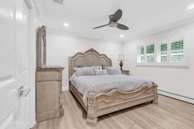 18 Pinewood Dr, Brick, NJ 08724 - bedroom featuring crown molding, light wood-type flooring, a baseboard heating unit, recessed lighting, and a ceiling fan