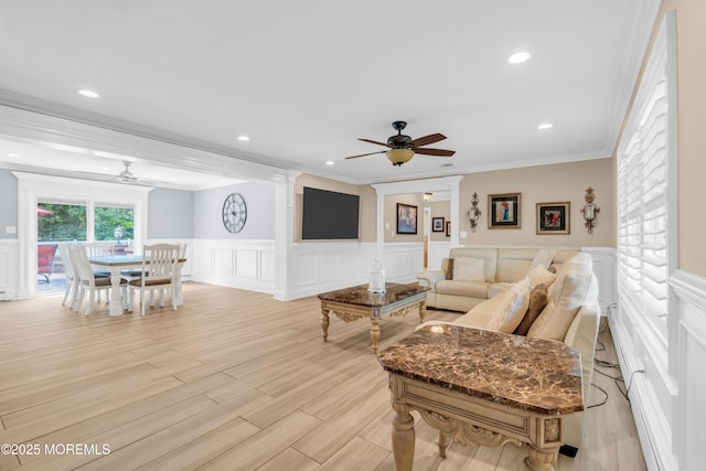 18 Pinewood Dr, Brick, NJ 08724 - living room featuring ceiling fan, a decorative wall, crown molding, a wainscoted wall, and recessed lighting