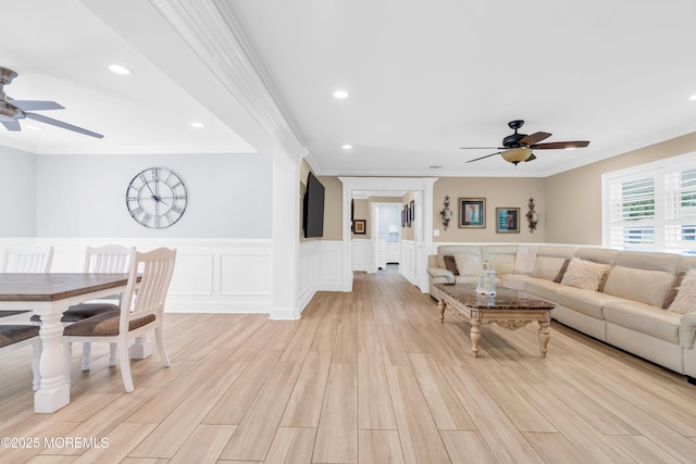 18 Pinewood Dr, Brick, NJ 08724 - living room featuring ceiling fan, crown molding, wainscoting, light wood-style flooring, and recessed lighting