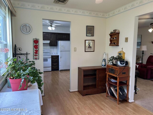 5 Lamb Rd, Brick, NJ 08724 - kitchen featuring white appliances, ceiling fan, light wood finished floors, and ventilation hood