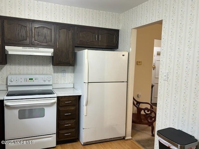 5 Lamb Rd, Brick, NJ 08724 - kitchen with white appliances, under cabinet range hood, light countertops, dark brown cabinetry, and wallpapered walls