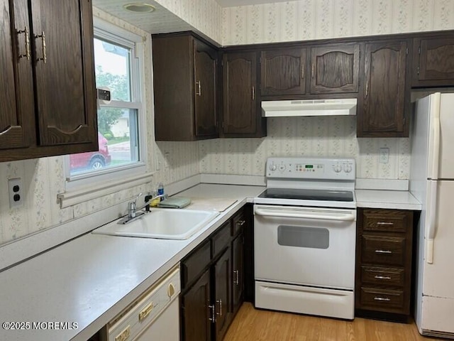 5 Lamb Rd, Brick, NJ 08724 - kitchen featuring white appliances, wallpapered walls, under cabinet range hood, and dark brown cabinets
