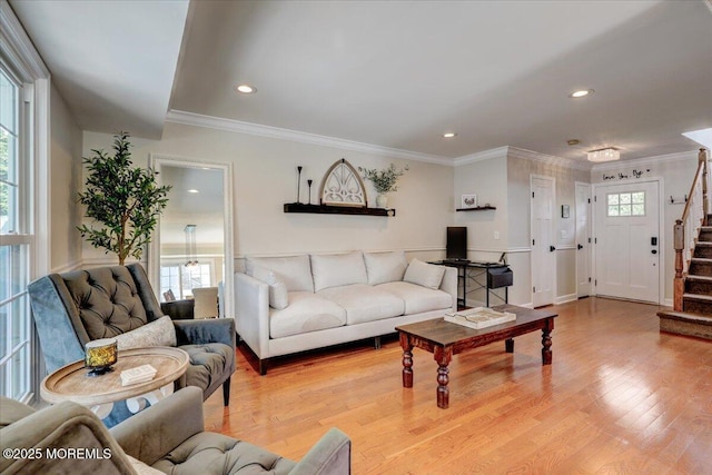 46 Sweet Gum Rd, Howell, NJ 07731 - living area with stairway, light wood-style floors, ornamental molding, and recessed lighting
