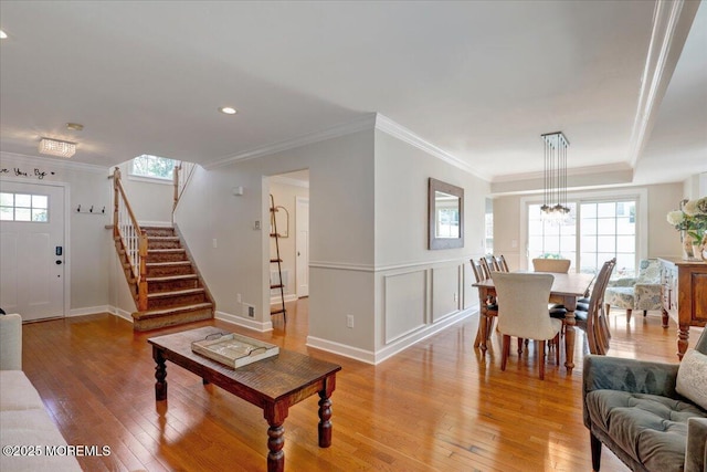 46 Sweet Gum Rd, Howell, NJ 07731 - living area featuring light wood finished floors, stairs, ornamental molding, a chandelier, and recessed lighting