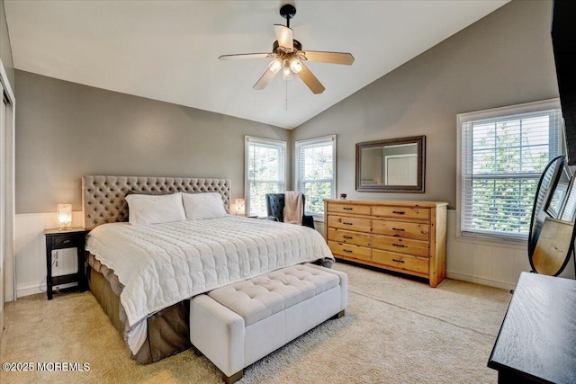 46 Sweet Gum Rd, Howell, NJ 07731 - bedroom featuring light colored carpet, vaulted ceiling, a wainscoted wall, and ceiling fan