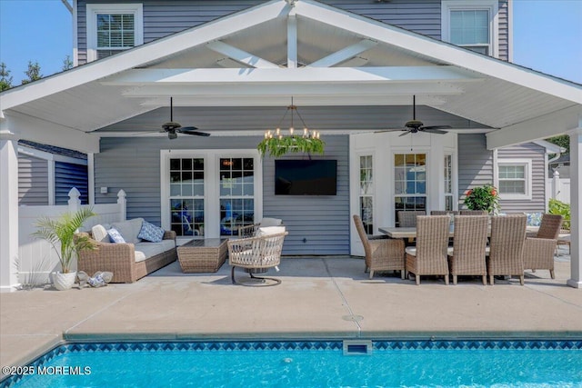 46 Sweet Gum Rd, Howell, NJ 07731 - outdoor pool with a ceiling fan, an outdoor living space, a patio, and outdoor dining space