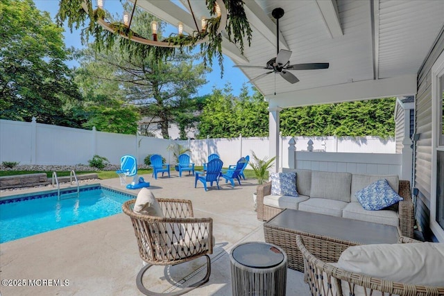 46 Sweet Gum Rd, Howell, NJ 07731 - view of pool with an outdoor hangout area, a fenced backyard, a patio area, and a ceiling fan