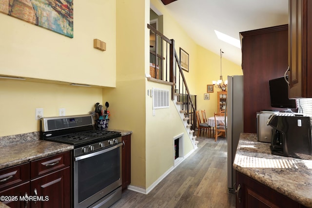 8 Donnelly St, Union Beach, NJ 07735 - kitchen with stainless steel appliances, a chandelier, dark wood-type flooring, a skylight, and lofted ceiling
