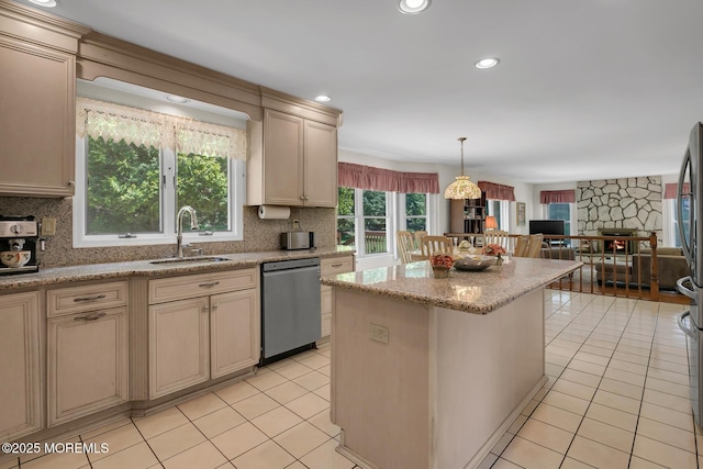 16 Chestnut Dr, Colts Neck, NJ 07722 - kitchen featuring stainless steel dishwasher, open floor plan, light tile patterned flooring, decorative backsplash, and a center island