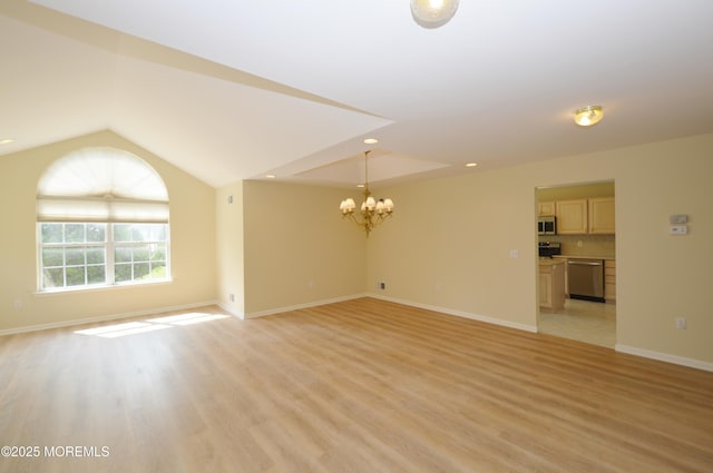3168 Wood Spring Ln, Toms River, NJ 08755 - unfurnished living room featuring a chandelier, light wood finished floors, lofted ceiling, and recessed lighting