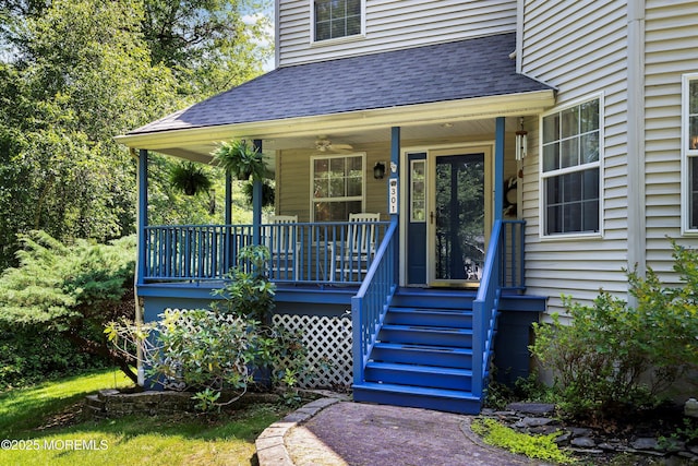 301 Cranberry Rd, Farmingdale, NJ 07727 - doorway to property with roof with shingles, a porch, and a ceiling fan