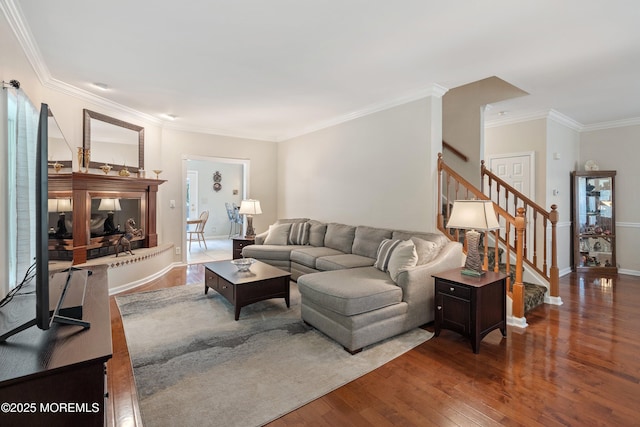 301 Cranberry Rd, Farmingdale, NJ 07727 - living area featuring hardwood / wood-style flooring, stairway, and ornamental molding