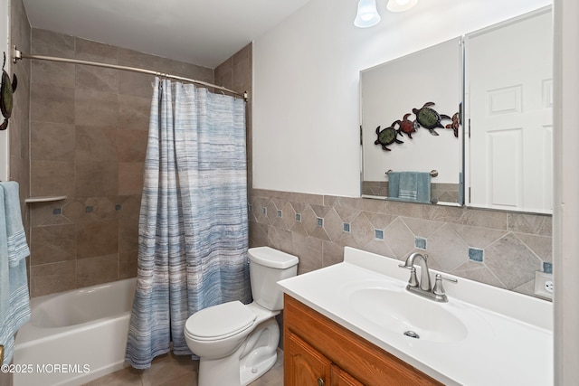 301 Cranberry Rd, Farmingdale, NJ 07727 - full bathroom featuring tile walls, vanity, shower / tub combo, and a wainscoted wall