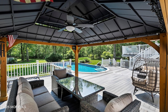 301 Cranberry Rd, Farmingdale, NJ 07727 - view of patio featuring a gazebo, a wooden deck, ceiling fan, and an outdoor pool