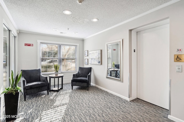 23 Datchet Close Unit 1000, Freehold, NJ 07728 - living area featuring carpet, a textured ceiling, crown molding, and recessed lighting
