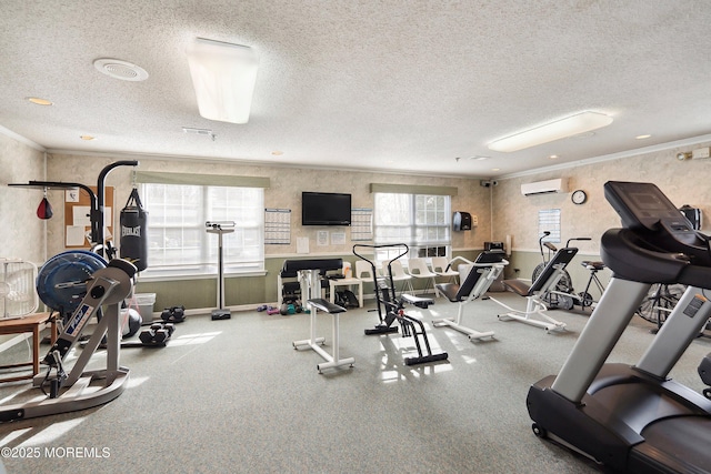 23 Datchet Close Unit 1000, Freehold, NJ 07728 - gym featuring a textured ceiling, crown molding, and a wall mounted AC