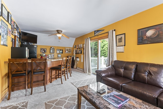 387 Barnegat Ln, Brick, NJ 08723 - carpeted living area with a dry bar, ceiling fan, a baseboard radiator, and vaulted ceiling
